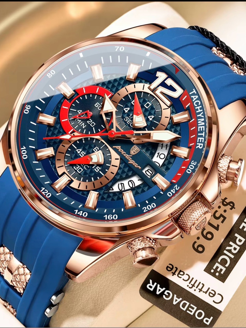 Men's Blue Chronograph Sport Watch with Rose Gold Case